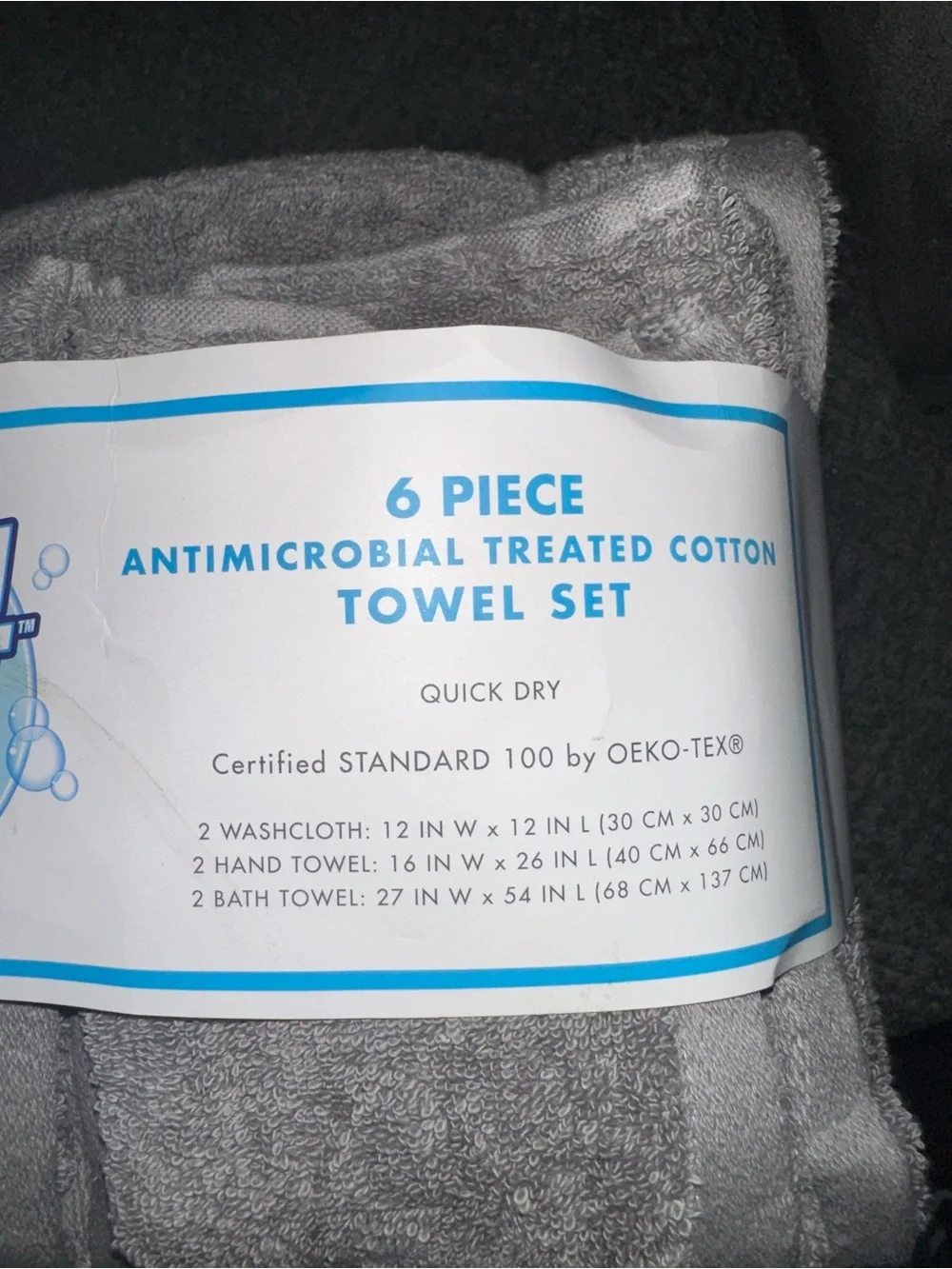 NEW Clean Start 6 Piece Antibacterial Treated Cotton Towel Set- Gray